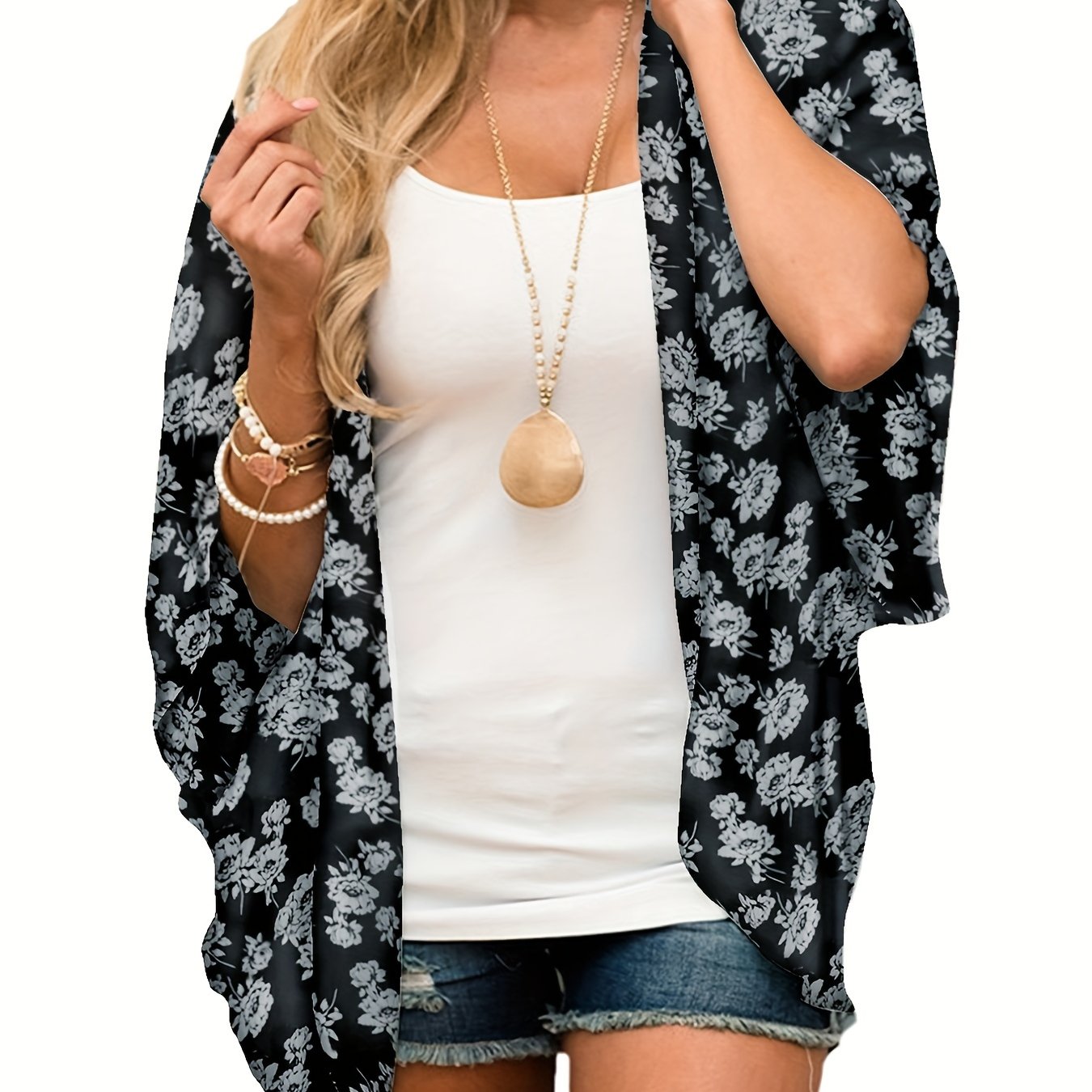 Floral Print Cover Up Shirt V Neck Kimono