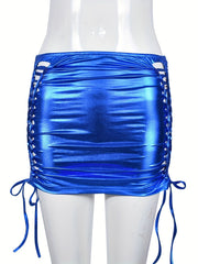 Y2K Metallic Lace Up Side Drawstring Cut Out Skirt Sexy High Waist