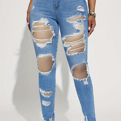 High Waist Distressed Skinny Jeans Slash Pockets Tight Fit