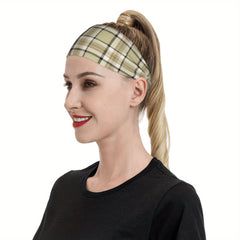 Vintage Plaid Headband Beige & Brown Checkered Pattern Elastic Fit