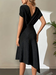 Asymmetrical Chain Dress Solid Backless Short Sleeve Dress