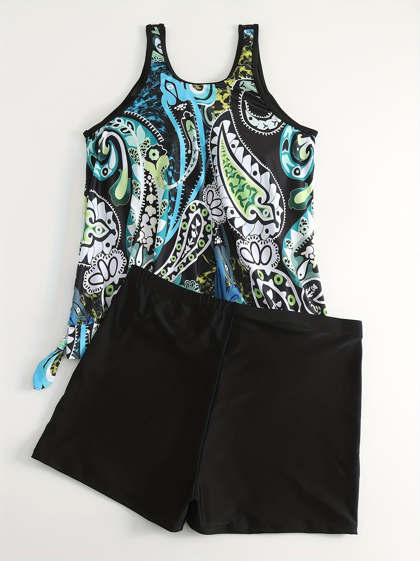 Paisley Print Mesh Tank Top & Shorts Swimsuit Set