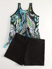 Paisley Print Mesh Tank Top & Shorts Swimsuit Set