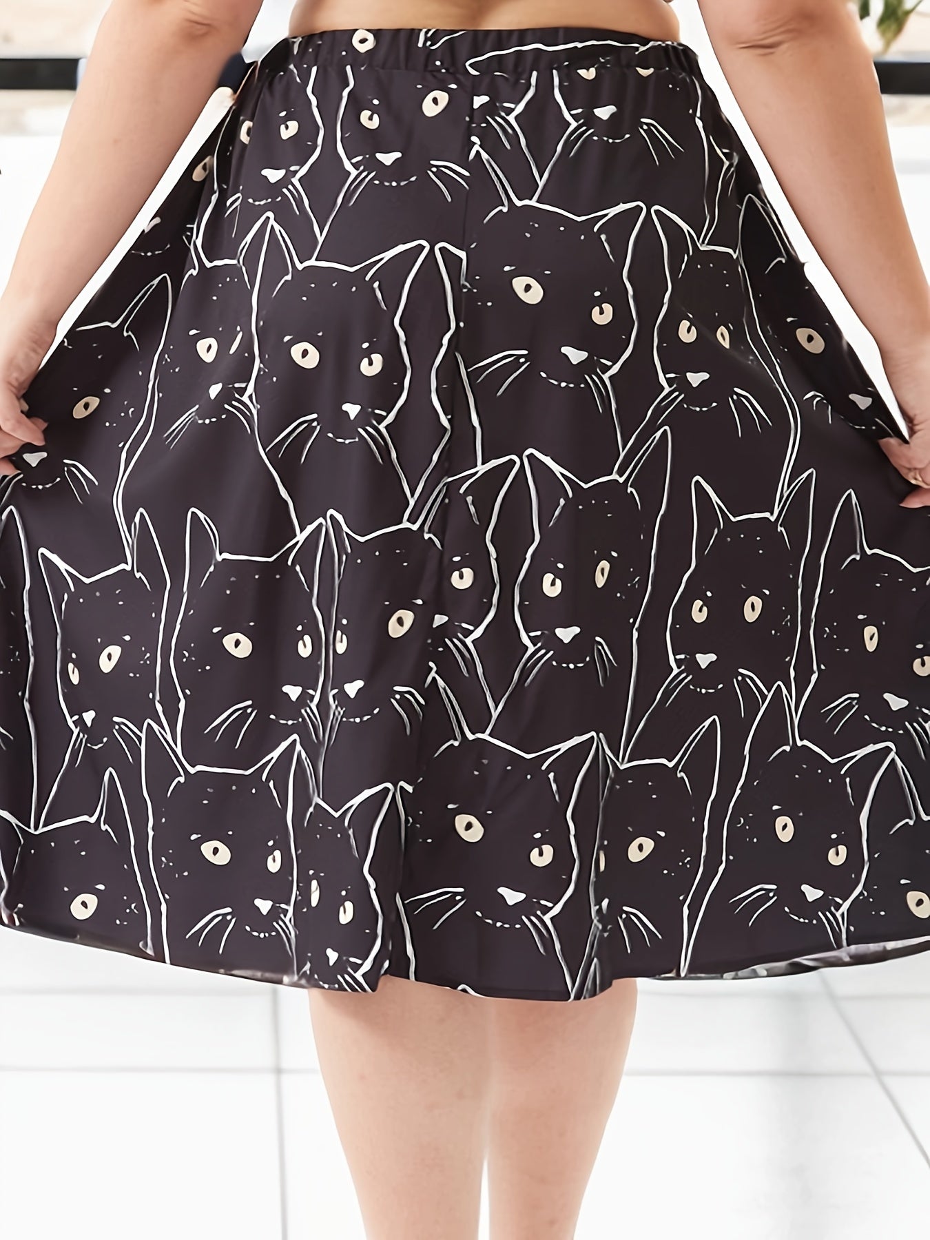 Allover Cat Print A Line Skirt, Elastic High Rise Knee Length