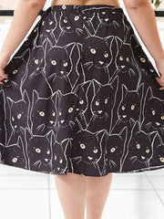 Allover Cat Print A Line Skirt, Elastic High Rise Knee Length
