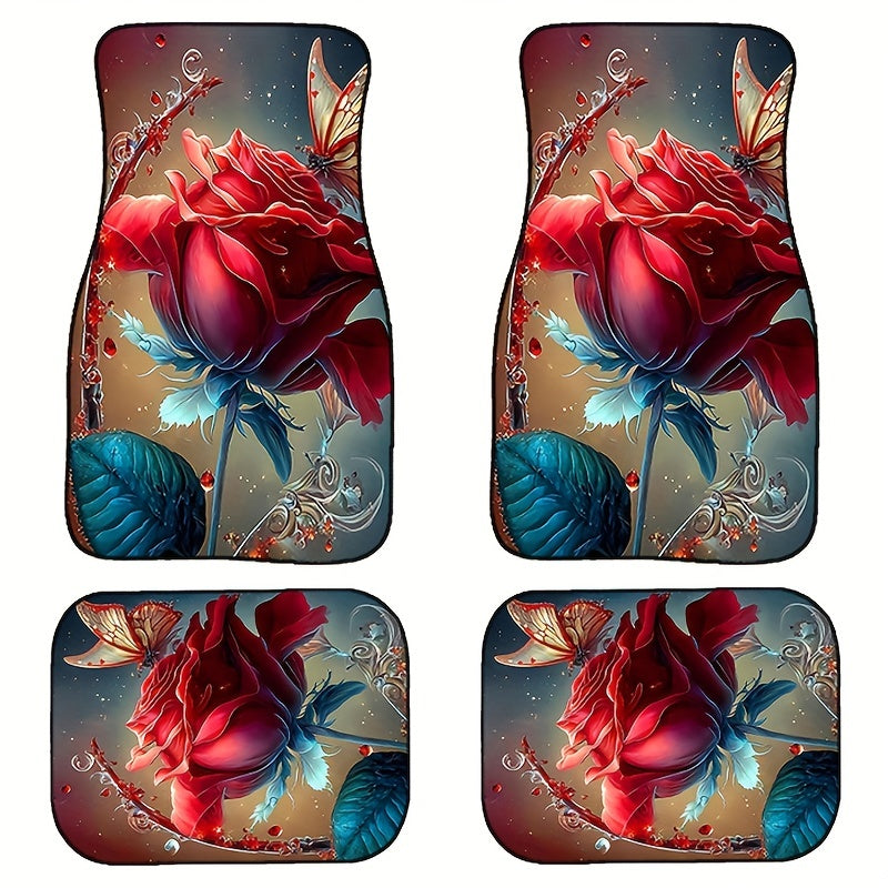 Artistic Red Rose Pattern Car Floor Mat 4pcs