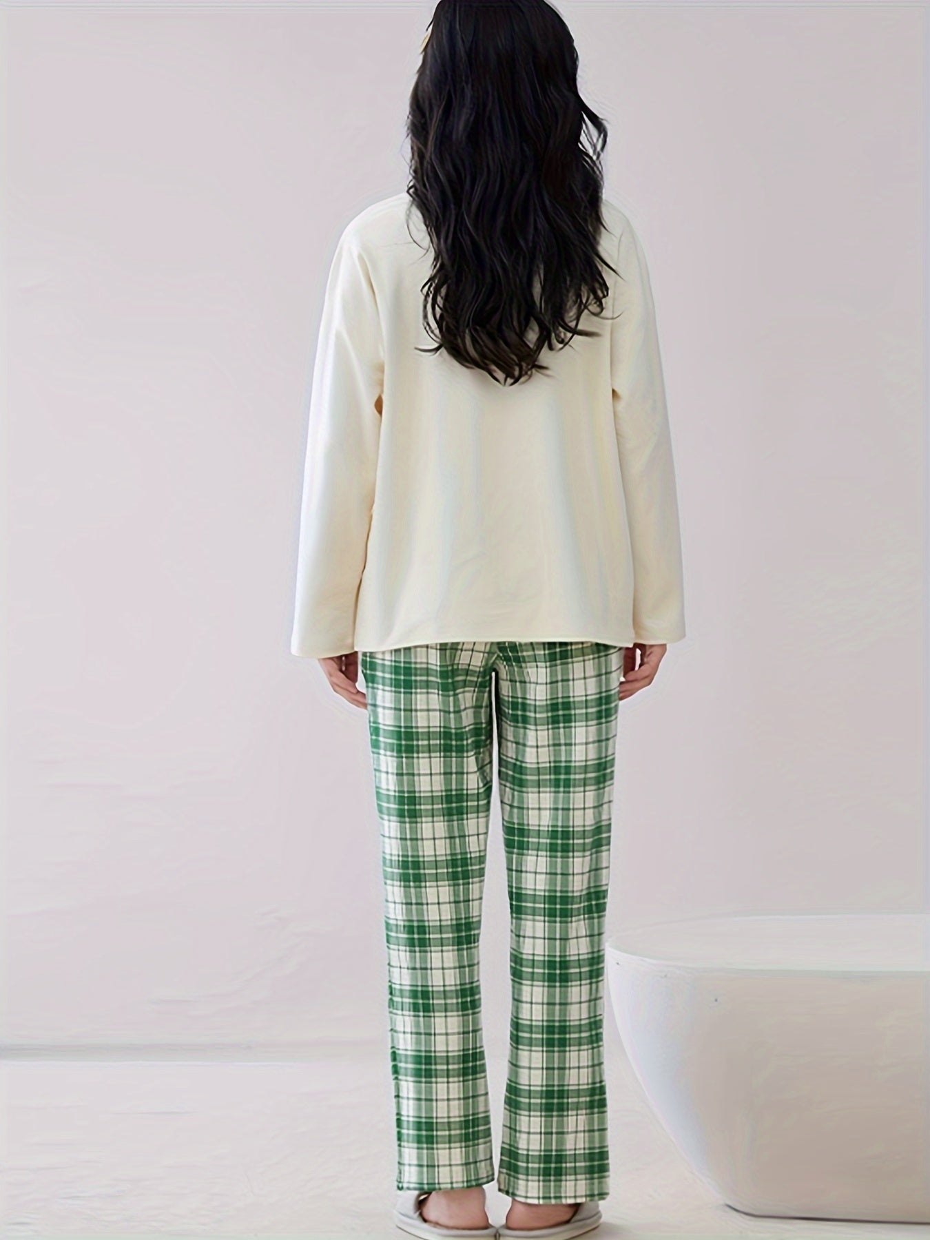 Bunny Print Pajama Set Long Sleeve Crew Neck & Plaid Pants