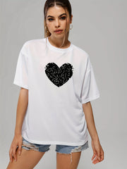 Short Sleeve Sports T-shirt Crew Neck Heart Print Women's Tee