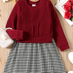 Kid Girl Cable Knit Houndstooth Long Sleeve Dress