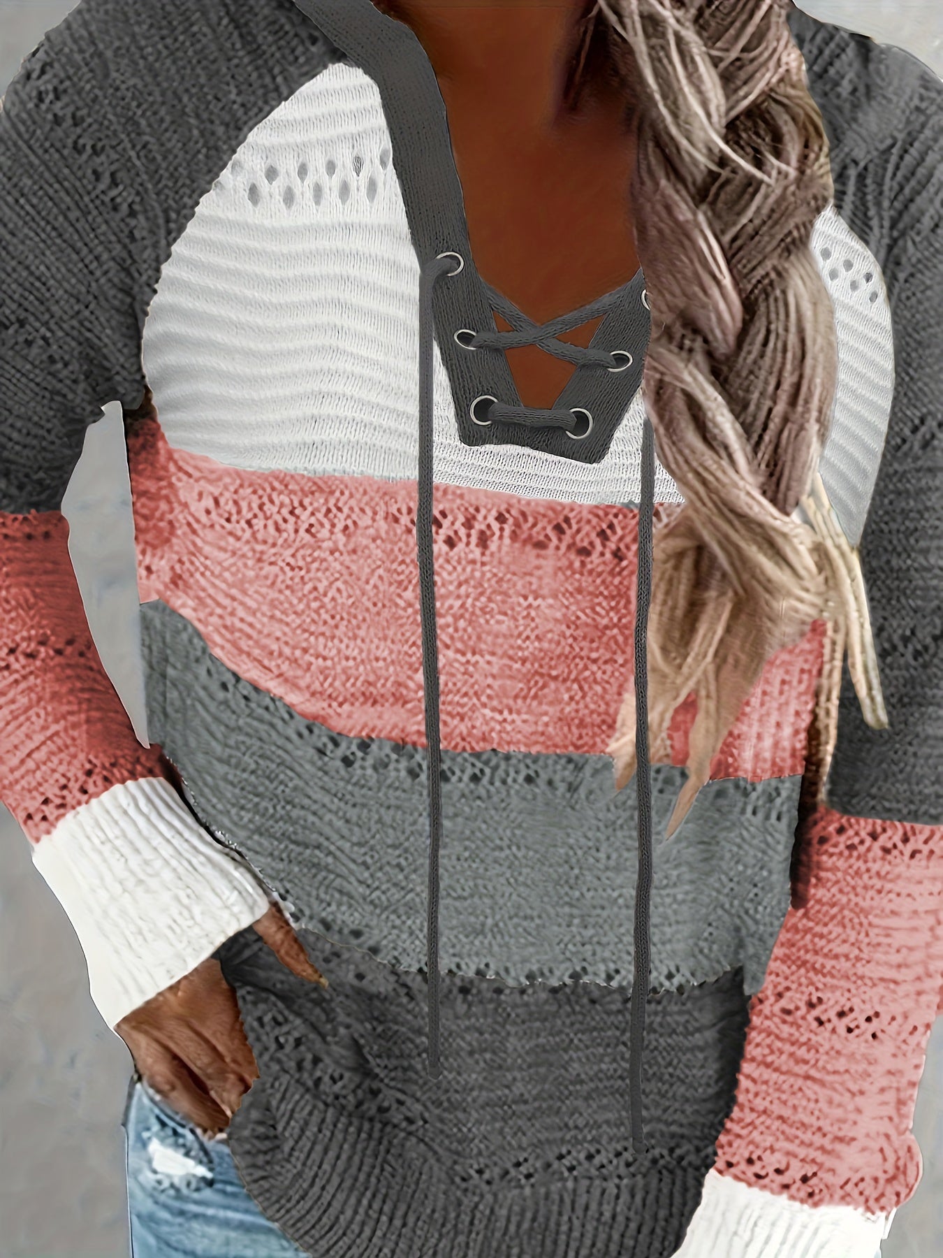 Casual Sweater Women's Plus Colorblock Hollow Out Hooded Jumper
