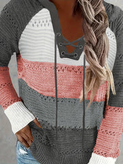 Casual Sweater Women's Plus Colorblock Hollow Out Hooded Jumper