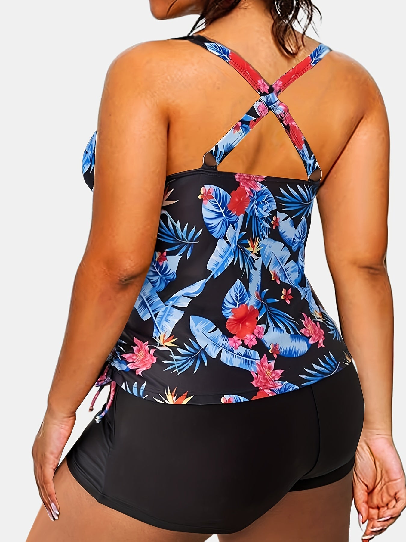 Tropical Print Tankini Set with Drawstring Top & Shorts