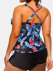 Tropical Print Tankini Set with Drawstring Top & Shorts