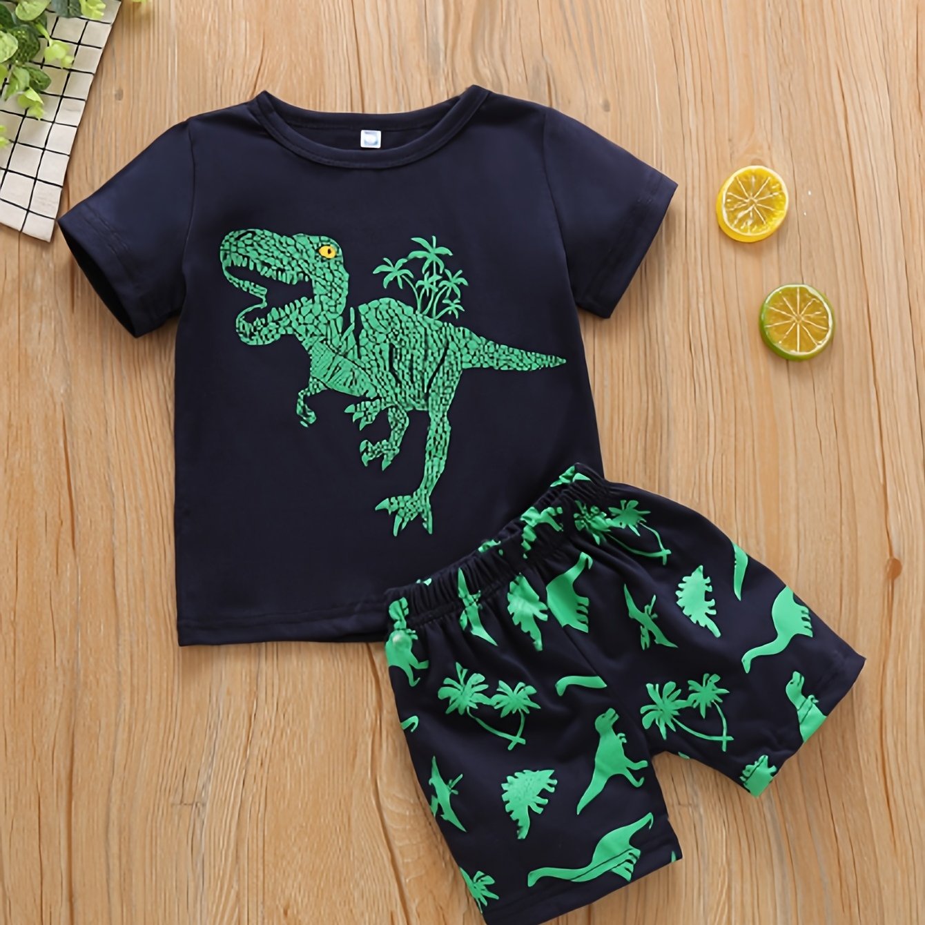 2pcs Boys Dino Print Tee & Shorts Set, Summer Kids Clothes