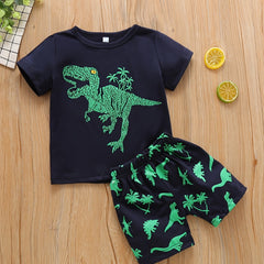 2pcs Boys Dino Print Tee & Shorts Set, Summer Kids Clothes