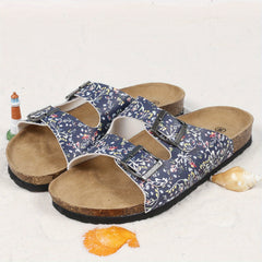 Women's Floral Print Cork Footbed Sandals Slides Double Buckle Flat Slippers