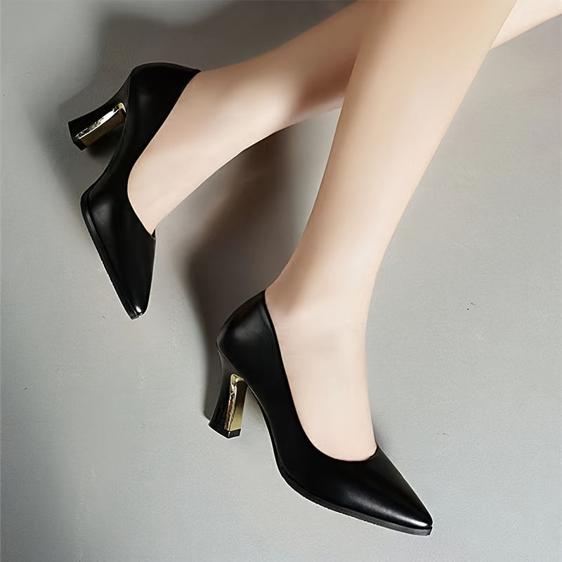 Women's Pointed Toe Chunky High Heels Slip On Court Pumps