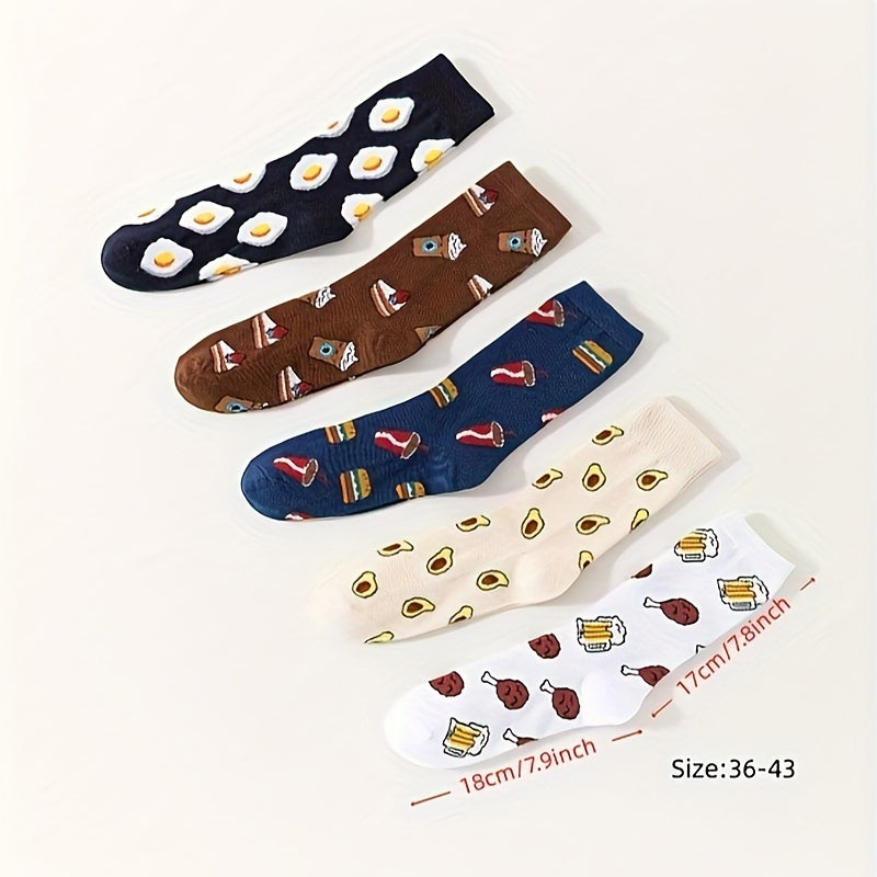 5 Pairs Plus Size Crew Socks Set Women's Plus Funny Cartoon Print