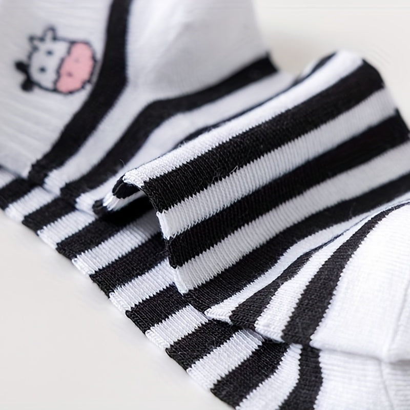 5Pairs Girls Cartoon Cow Print Cotton Blend Ankle Socks for Spring