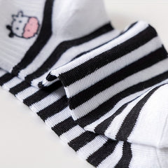 5Pairs Girls Cartoon Cow Print Cotton Blend Ankle Socks for Spring