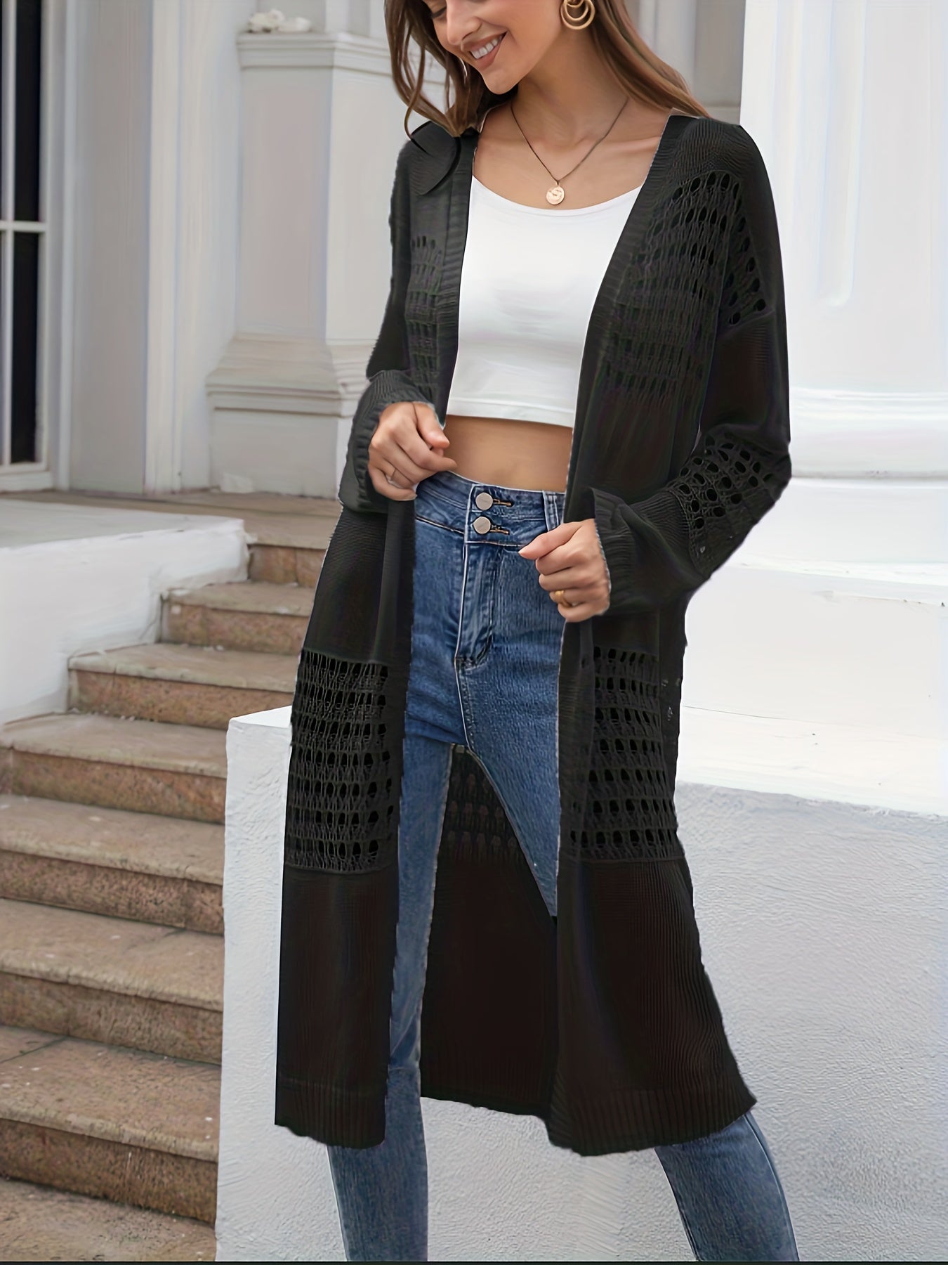 Crochet Cover Up Shirt Long Sleeves V Neck Lace Hollow Out Swimwear