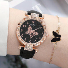 Rhinestone Butterfly Watch & Water Drop Jewelry Set