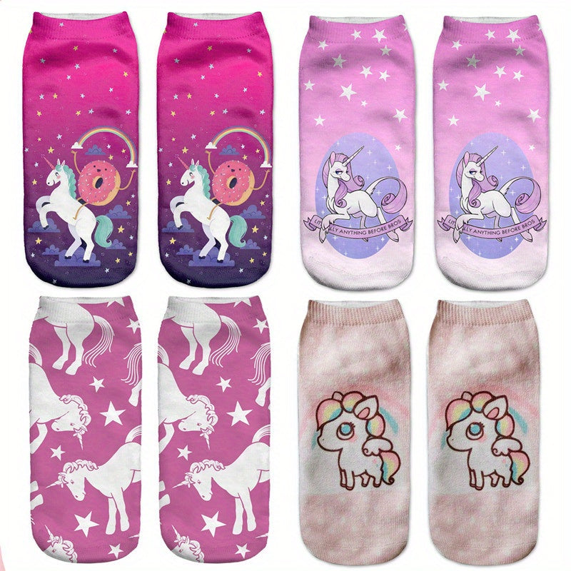 4 Pairs Unicorn Pattern Socks & Lightweight Low Cut Socks Women's Stockings