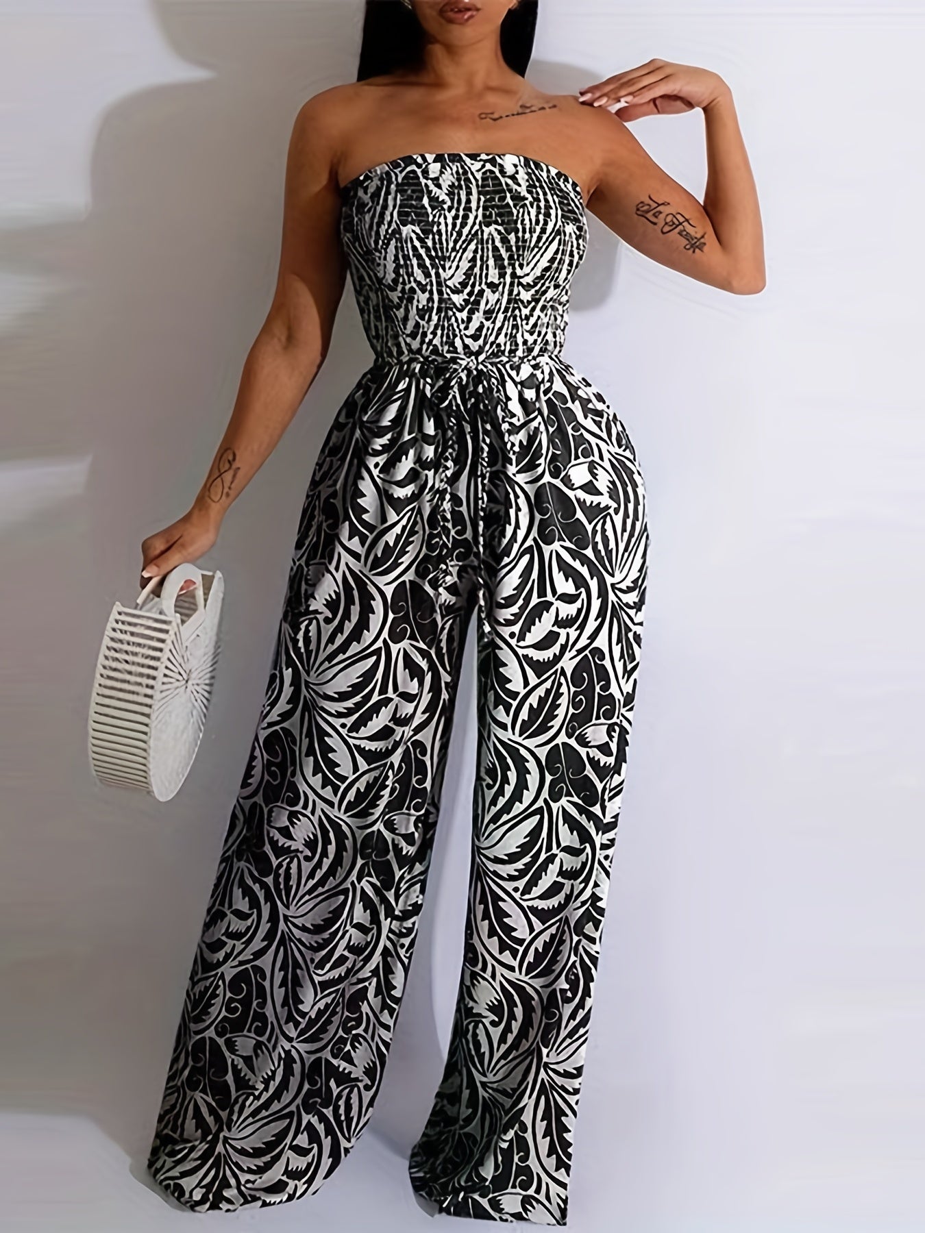 Print Shirred Wide Leg Jumpsuit Off Shoulder Sleeveless Jumpsuit