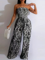 Print Shirred Wide Leg Jumpsuit Off Shoulder Sleeveless Jumpsuit