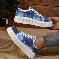 Women's Canvas Low Top Platform Sneakers Lace-Up Walking Shoes