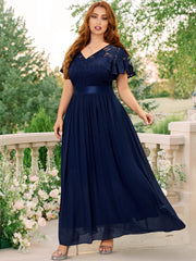 Floral Lace Ruffle Sleeve V Neck Evening Dress