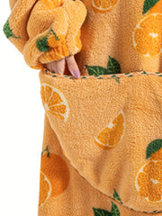 Women's Plus Size Orange Pattern Flannel Hoodie Nightgown