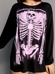 Skull Print Long Sleeve Round Neck Sports Top