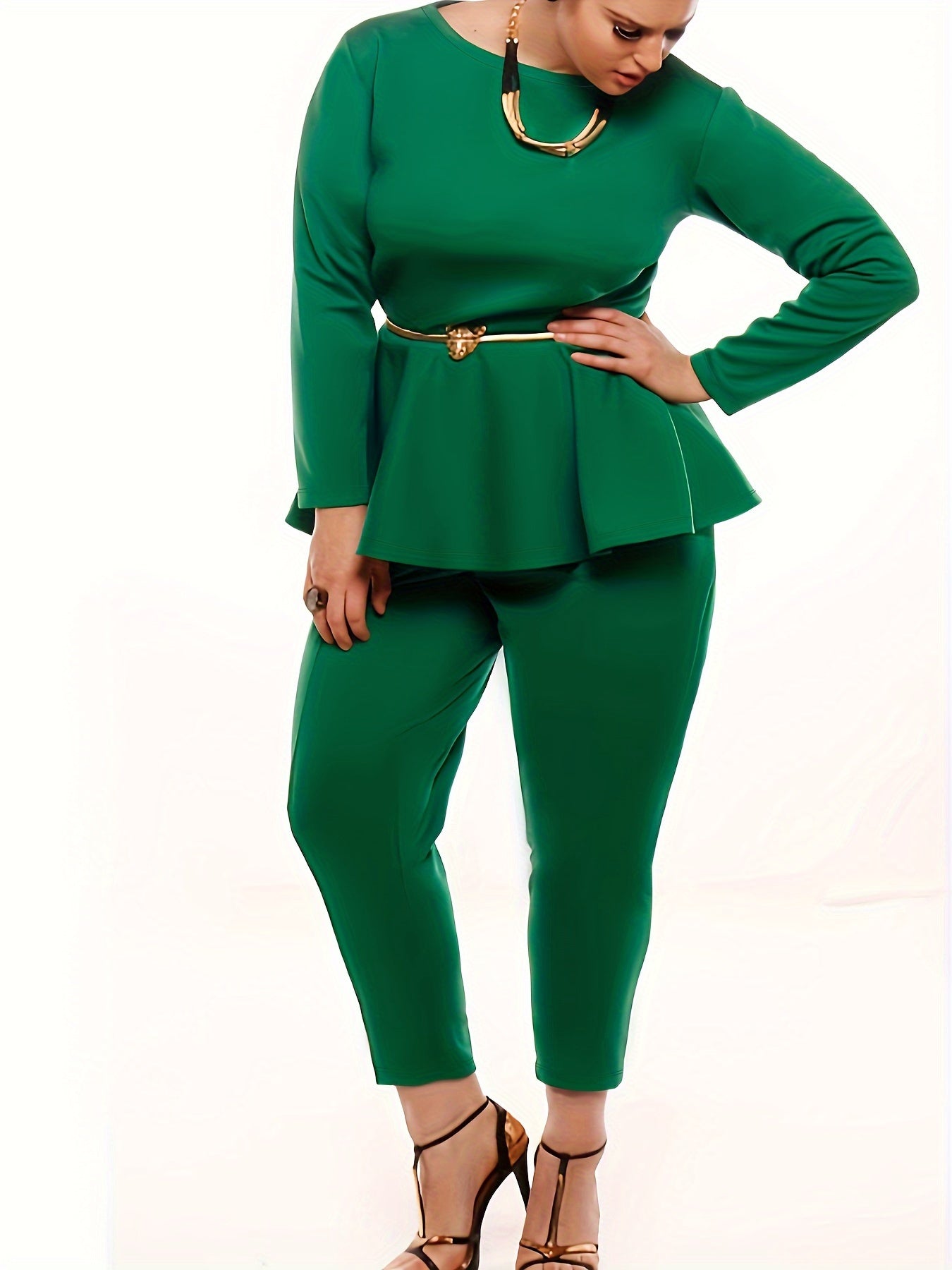 Solid Long Sleeve Round Neck Peplum Top & Pants Two Piece Set