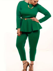 Solid Long Sleeve Round Neck Peplum Top & Pants Two Piece Set