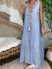 Boho Lace Sleeveless Maxi Dress V Neck Loose Solid