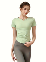 Solid V Notch Casual T Shirt Short Sleeves Quick Drying Sports Top Women's Activ