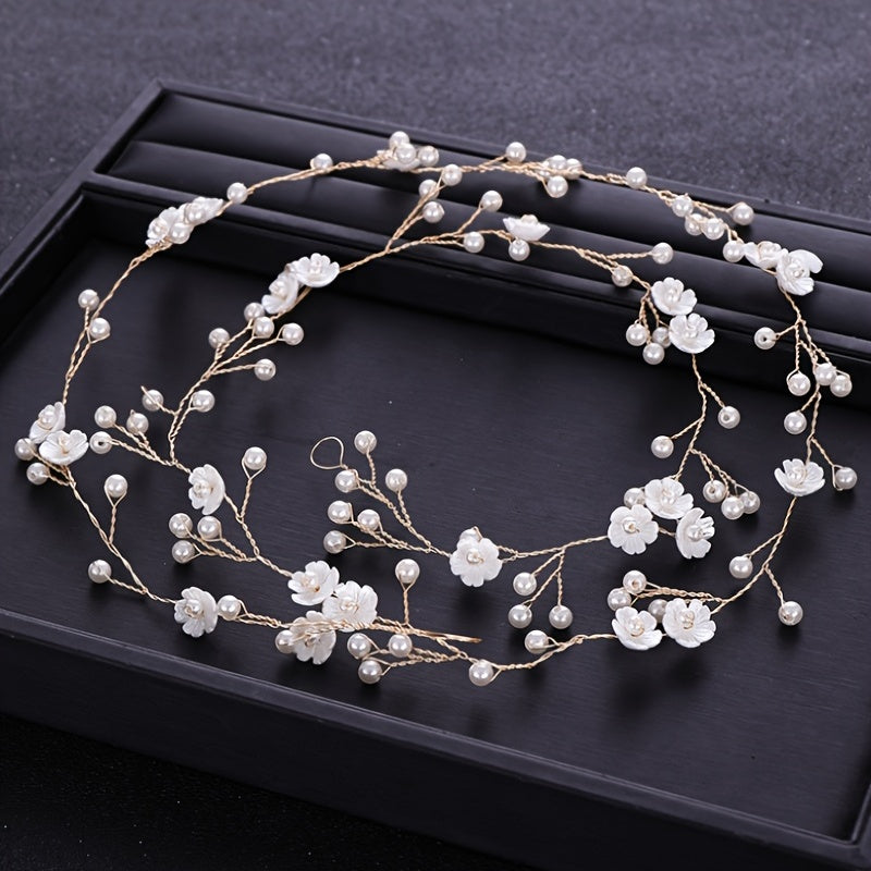 Silvery Golden Tiara Headband Flower Faux Pearl Bride Hair Band