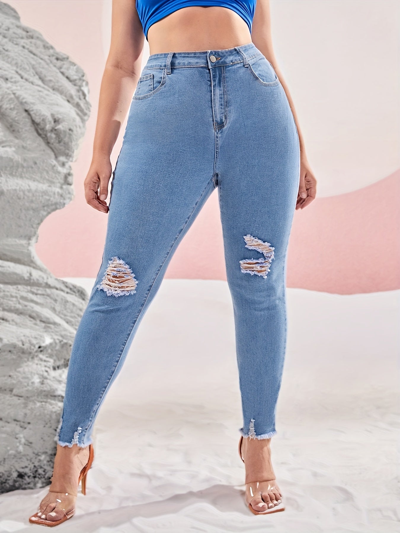 Women's Ripped Fringe Trim Skinny Jeans