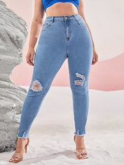 Women's Ripped Fringe Trim Skinny Jeans