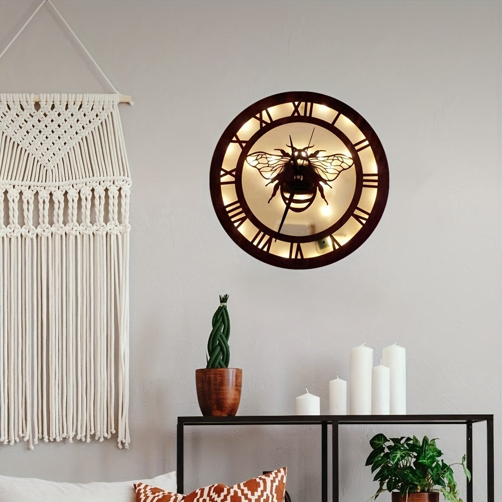 Wooden Clock Lamp Little Bee Shape Handicrafts LED Retro Decor