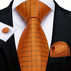 Men's Plaid Orange Silk Tie Set for Wedding Party