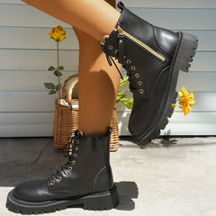 Women's Solid Combat Boots Lace Up Side Zipper Ankle Boots