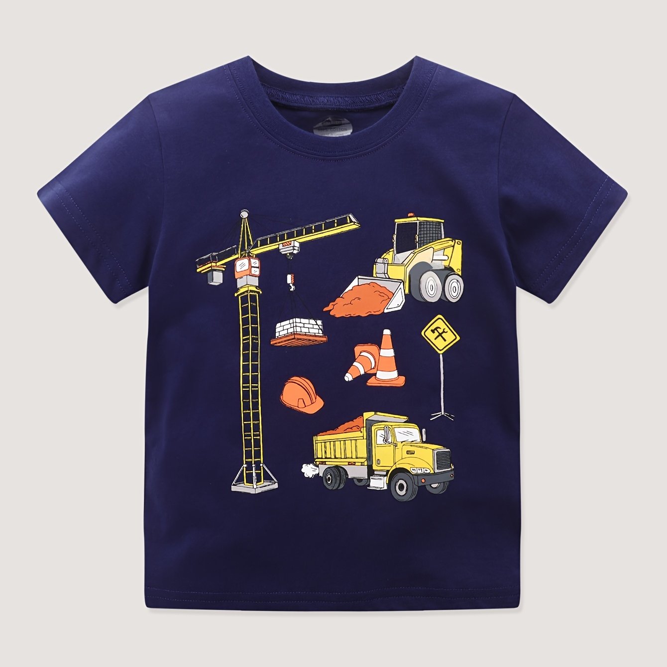 Boys Construction Site Print Summer T shirt Kids Casual Short Sleeve Cotton