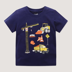 Boys Construction Site Print Summer T shirt Kids Casual Short Sleeve Cotton