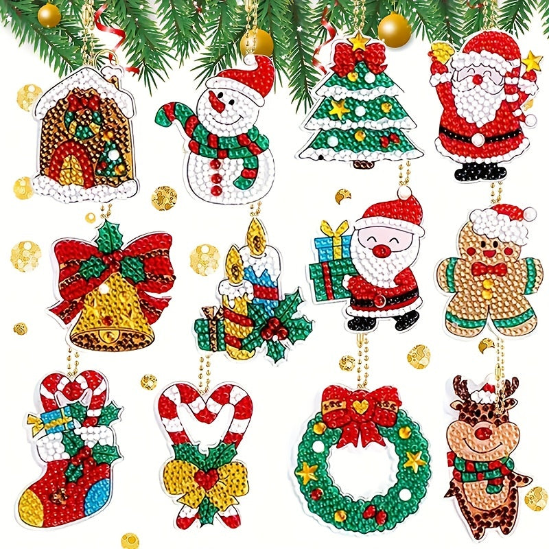 12pcs Christmas Diamond Painting Keychains Santa Claus Art Kits