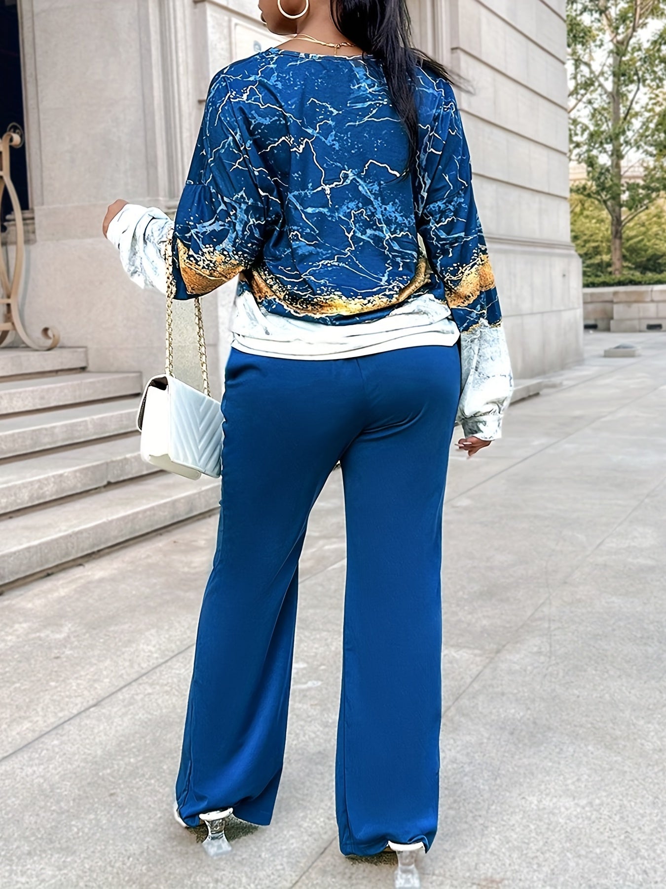 Women's Plus Marble Print Top & Pants Outfits Set