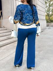 Women's Plus Marble Print Top & Pants Outfits Set