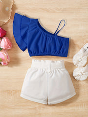 Girls Ruffled One Shoulder Top & Shorts Set for Holiday Party