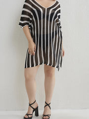 Women's Plus Size Striped Bat Sleeve V Neck Cover Up Dress